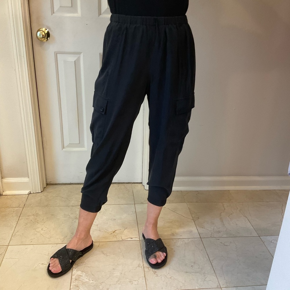 Vince Silk and Spandex Cargo Pants with Elastic Waist, Black, Comfy! Size Small